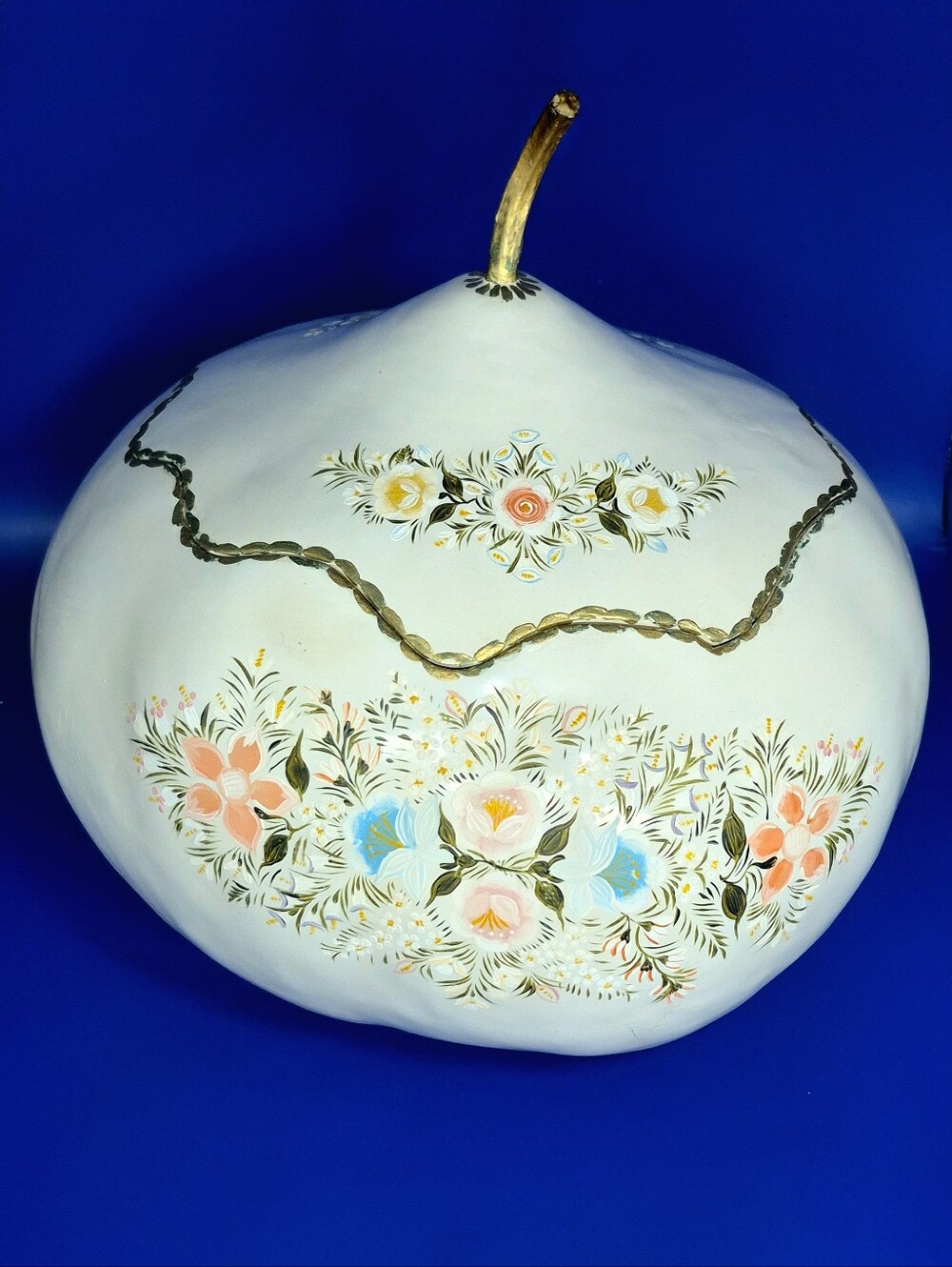 Large 10" Double-Sided Hand-Painted Floral Folk Art Gourd Pumpkin